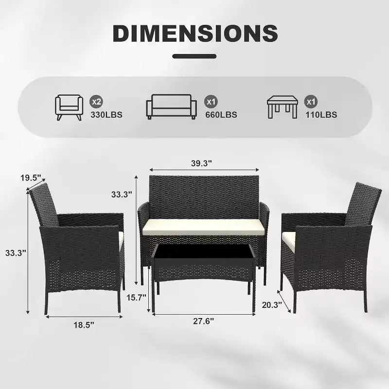 4 Piece Outdoor Patio Furniture Sets,Wicker Rattan Conversation Sets, Bistro Patio Set with 2 Chairs,Soft Cushion,Loveseat and 1 Glass Coffee Table