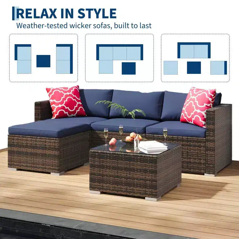 4 Piece Outdoor Patio Furniture Sets,Wicker Rattan Conversation Sets, Bistro Patio Set with 2 Chairs,Soft Cushion,Loveseat and 1 Glass Coffee Table
