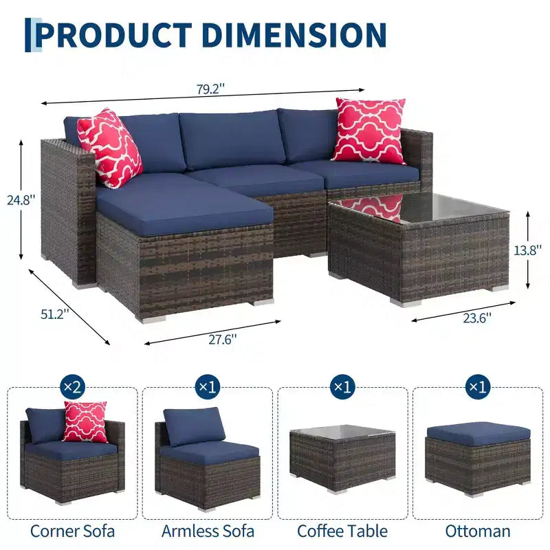 4 Piece Outdoor Patio Furniture Sets,Wicker Rattan Conversation Sets, Bistro Patio Set with 2 Chairs,Soft Cushion,Loveseat and 1 Glass Coffee Table