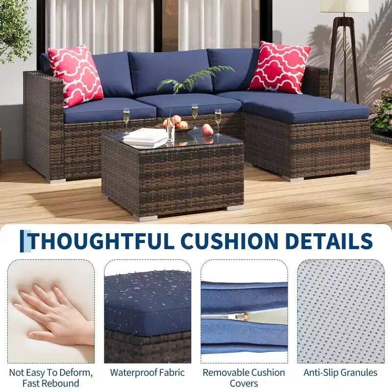 4 Piece Outdoor Patio Furniture Sets,Wicker Rattan Conversation Sets, Bistro Patio Set with 2 Chairs,Soft Cushion,Loveseat and 1 Glass Coffee Table