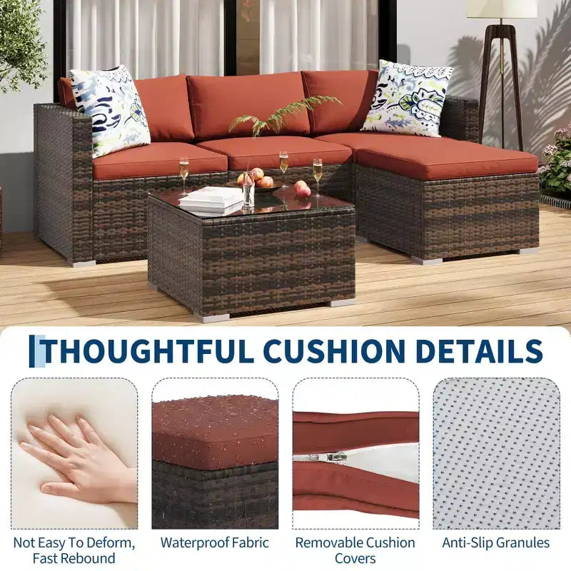 4 Piece Outdoor Patio Furniture Sets,Wicker Rattan Conversation Sets, Bistro Patio Set with 2 Chairs,Soft Cushion,Loveseat and 1 Glass Coffee Table