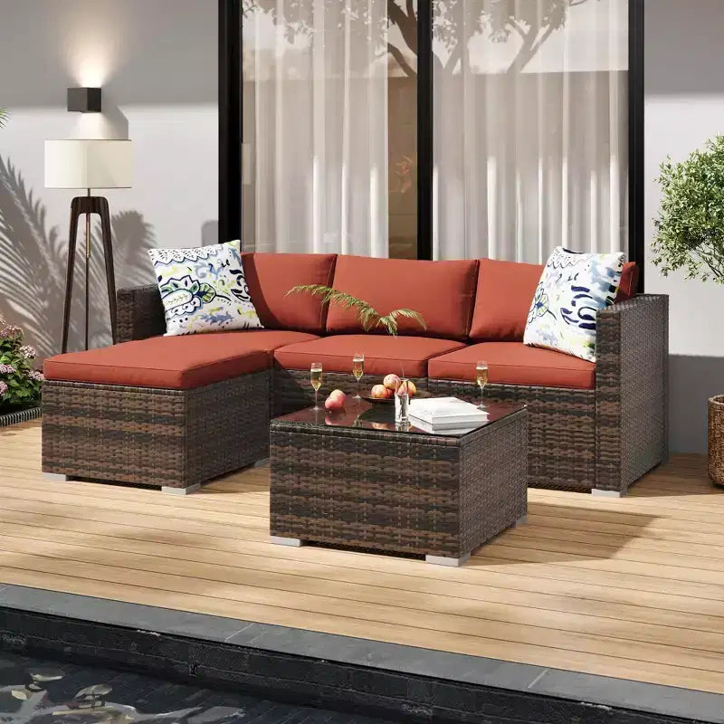 4 Piece Outdoor Patio Furniture Sets,Wicker Rattan Conversation Sets, Bistro Patio Set with 2 Chairs,Soft Cushion,Loveseat and 1 Glass Coffee Table