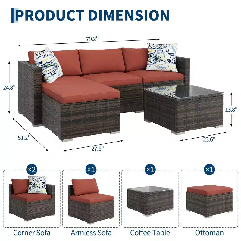 4 Piece Outdoor Patio Furniture Sets,Wicker Rattan Conversation Sets, Bistro Patio Set with 2 Chairs,Soft Cushion,Loveseat and 1 Glass Coffee Table