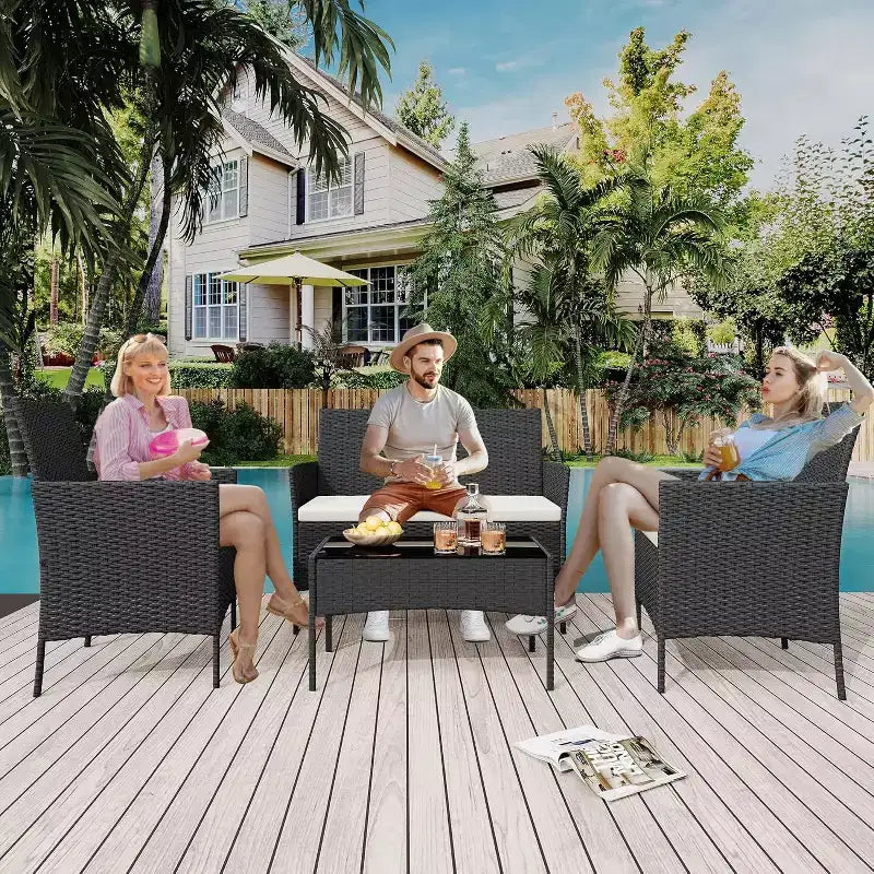 4 Piece Outdoor Patio Furniture Sets,Wicker Rattan Conversation Sets, Bistro Patio Set with 2 Chairs,Soft Cushion,Loveseat and 1 Glass Coffee Table