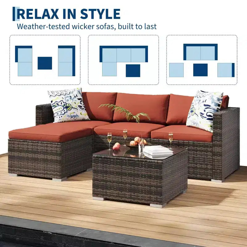 4 Piece Outdoor Patio Furniture Sets,Wicker Rattan Conversation Sets, Bistro Patio Set with 2 Chairs,Soft Cushion,Loveseat and 1 Glass Coffee Table