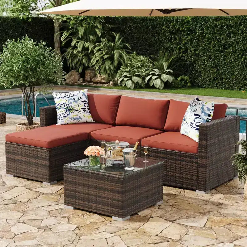 4 Piece Outdoor Patio Furniture Sets,Wicker Rattan Conversation Sets, Bistro Patio Set with 2 Chairs,Soft Cushion,Loveseat and 1 Glass Coffee Table