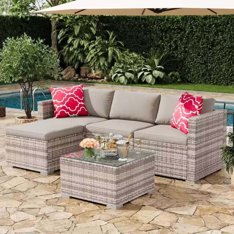4 Piece Outdoor Patio Furniture Sets,Wicker Rattan Conversation Sets, Bistro Patio Set with 2 Chairs,Soft Cushion,Loveseat and 1 Glass Coffee Table