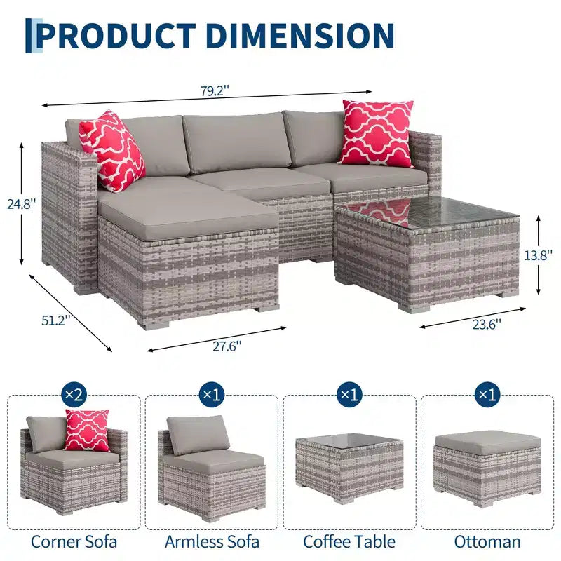 4 Piece Outdoor Patio Furniture Sets,Wicker Rattan Conversation Sets, Bistro Patio Set with 2 Chairs,Soft Cushion,Loveseat and 1 Glass Coffee Table