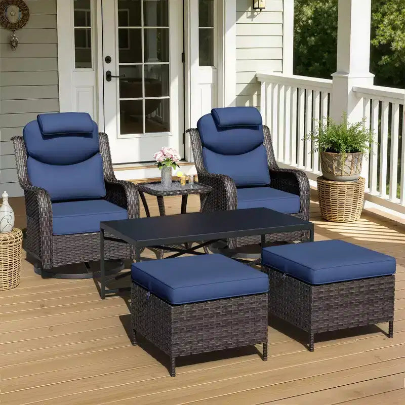 UPTIOT Outdoor Swivel Rocking Chairs Set with Convertible Ottomans and Coffee Table for Patio Relaxation