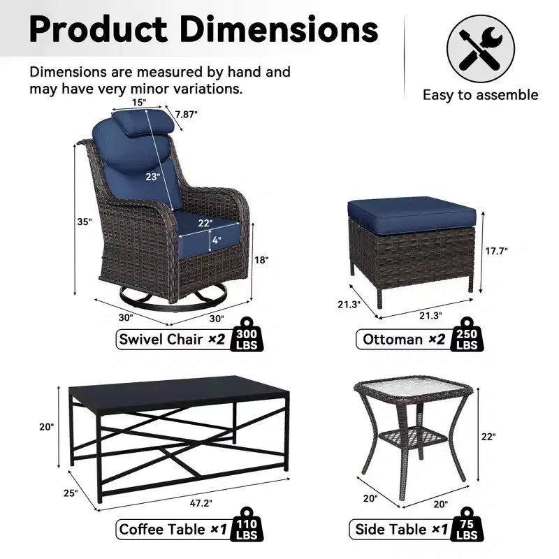 UPTIOT Outdoor Swivel Rocking Chairs Set with Convertible Ottomans and Coffee Table for Patio Relaxation