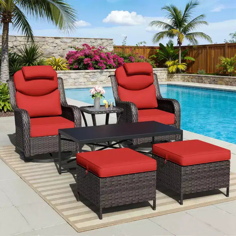 UPTIOT Outdoor Swivel Rocking Chairs Set with Convertible Ottomans and Coffee Table for Patio Relaxation