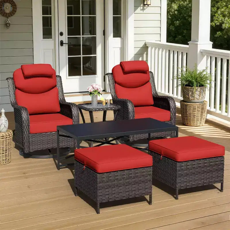 UPTIOT Outdoor Swivel Rocking Chairs Set with Convertible Ottomans and Coffee Table for Patio Relaxation