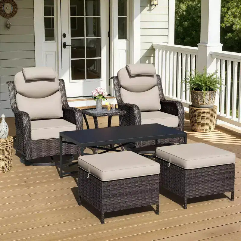 UPTIOT Outdoor Swivel Rocking Chairs Set with Convertible Ottomans and Coffee Table for Patio Relaxation