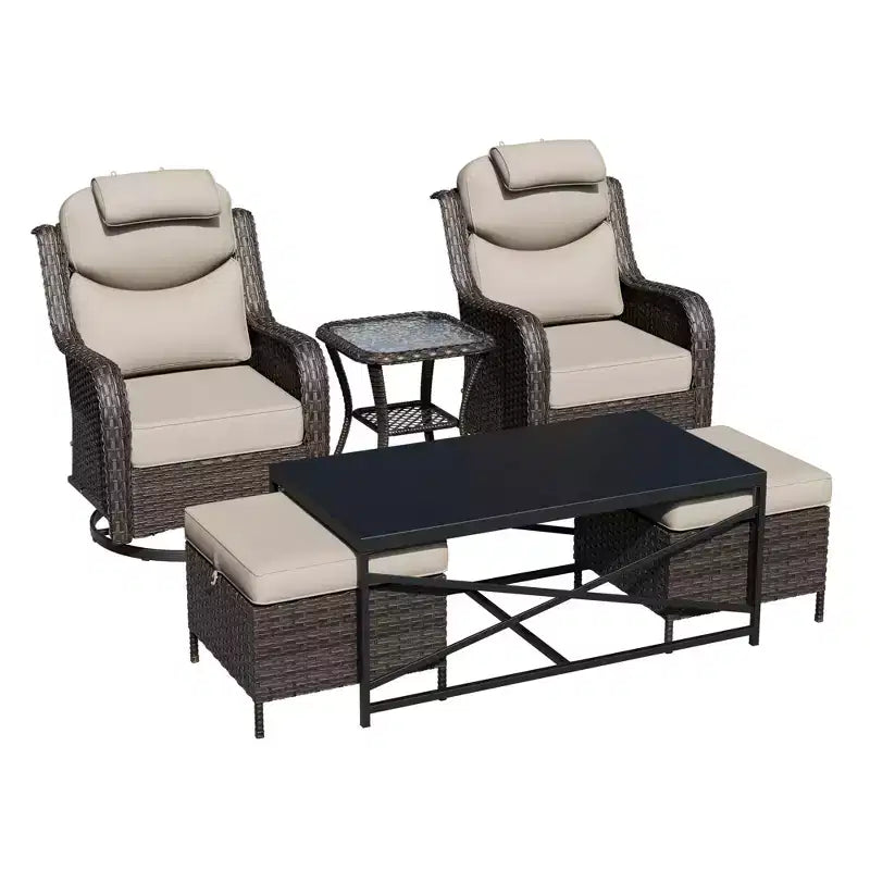 UPTIOT Outdoor Swivel Rocking Chairs Set with Convertible Ottomans and Coffee Table for Patio Relaxation