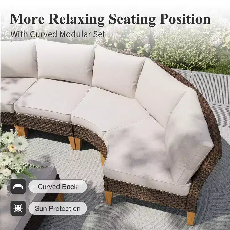 Captiva Designs 9pc Outdoor Wicker Rattan Patio Half-Moon Curved Sectional Sofa Conversation Set with Cushioned Ottoman