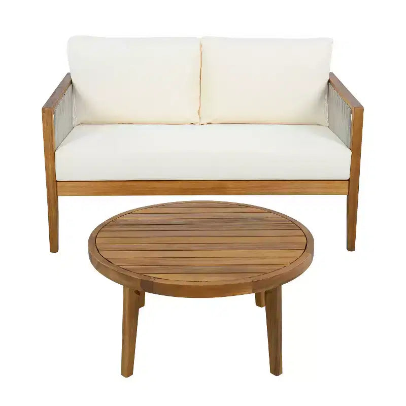 Christopher Knight Home Oliver Patio Modern Coastal 2-Piece Acacia Wood and Rope Loveseat and Coffee Table Set