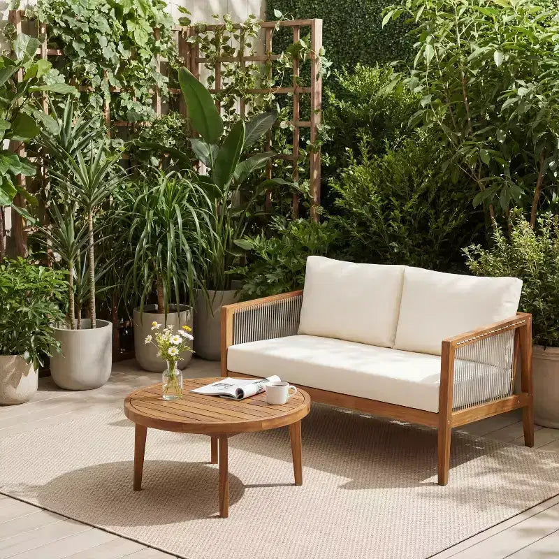 Christopher Knight Home Oliver Modernes Patio-Set im Küstenstil, 2-teilig, aus Akazienholz und Seil, bestehend aus Zweisitzer-Sofa und Couchtisch