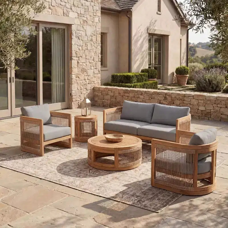 Christopher Knight Home Swedy 5 Piece Outdoor Acacia Wood Curved Tub Design Seating Set with Woven Rope