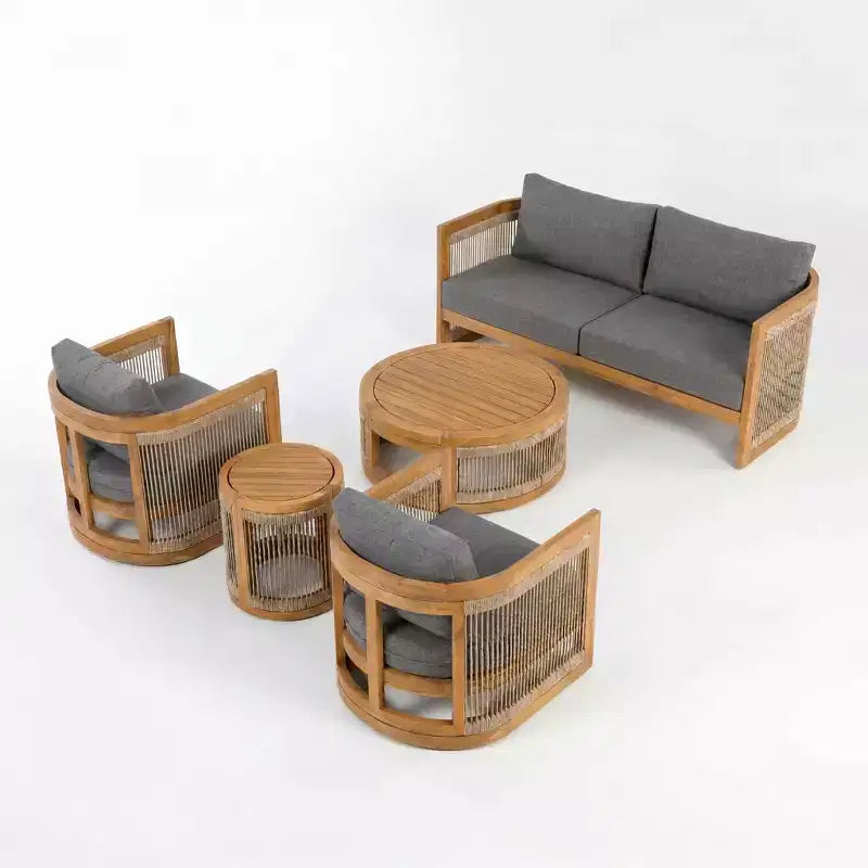 Christopher Knight Home Swedy 5 Piece Outdoor Acacia Wood Curved Tub Design Seating Set with Woven Rope