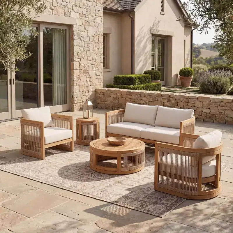 Christopher Knight Home Swedy 5 Piece Outdoor Acacia Wood Curved Tub Design Seating Set with Woven Rope