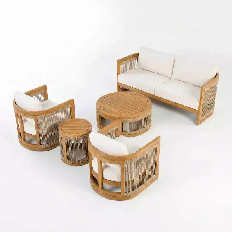 Christopher Knight Home Swedy 5 Piece Outdoor Acacia Wood Curved Tub Design Seating Set with Woven Rope