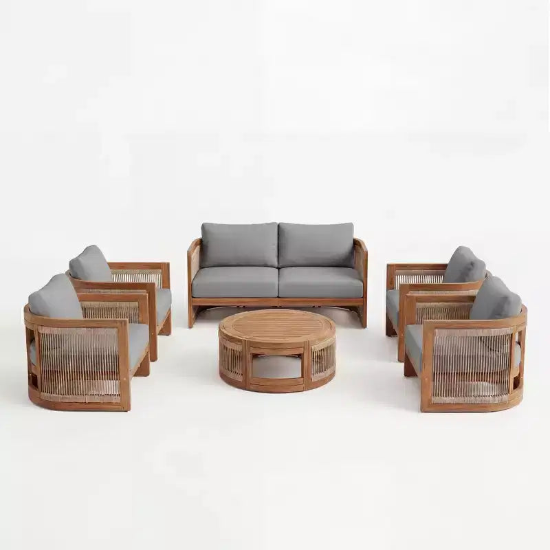 Christopher Knight Home Crune 6 Piece Outdoor Acacia Wood Curved Tub Design Seating Set with Woven Rope