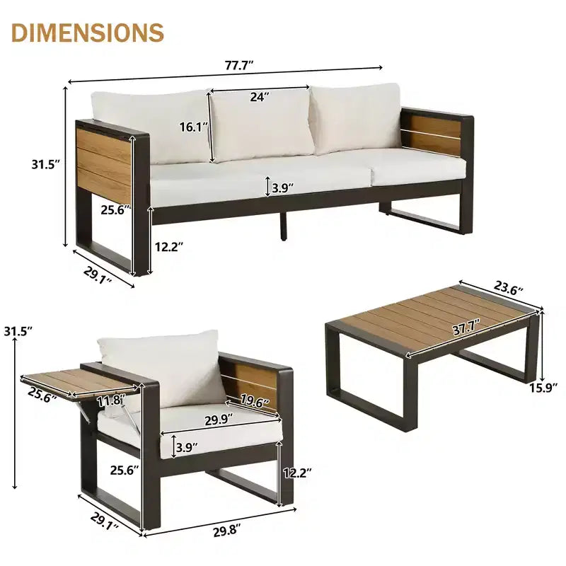 Polibi 4-Piece Outdoor Patio Set with Coffee Table & Fold-Out Side Tables