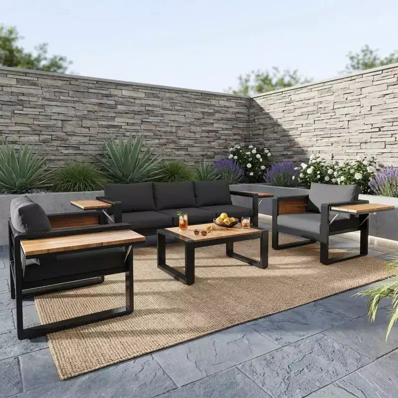 Polibi 4-Piece Outdoor Patio Set with Coffee Table & Fold-Out Side Tables