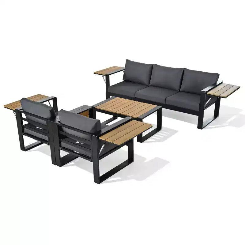 Polibi 4-Piece Outdoor Patio Set with Coffee Table & Fold-Out Side Tables