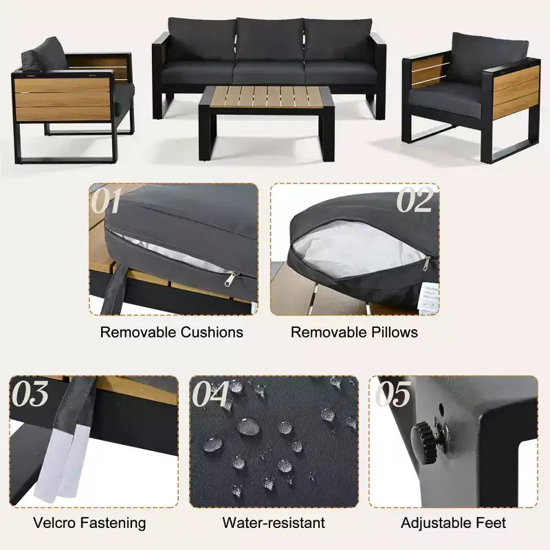 Polibi 4-Piece Outdoor Patio Set with Coffee Table & Fold-Out Side Tables