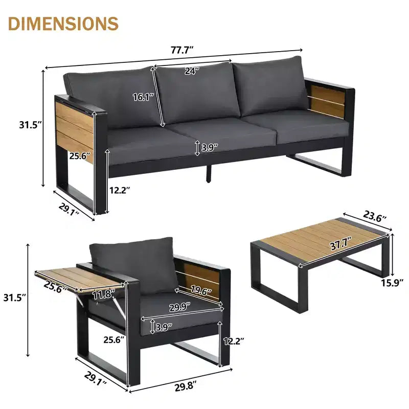 Polibi 4-Piece Outdoor Patio Set with Coffee Table & Fold-Out Side Tables
