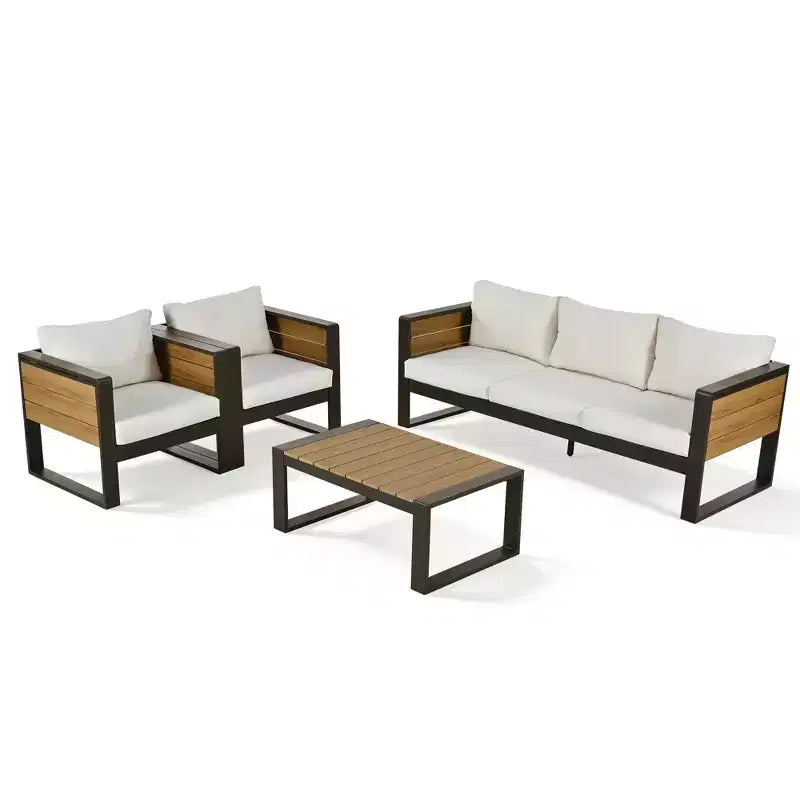 Polibi 4-Piece Outdoor Patio Set with Coffee Table & Fold-Out Side Tables