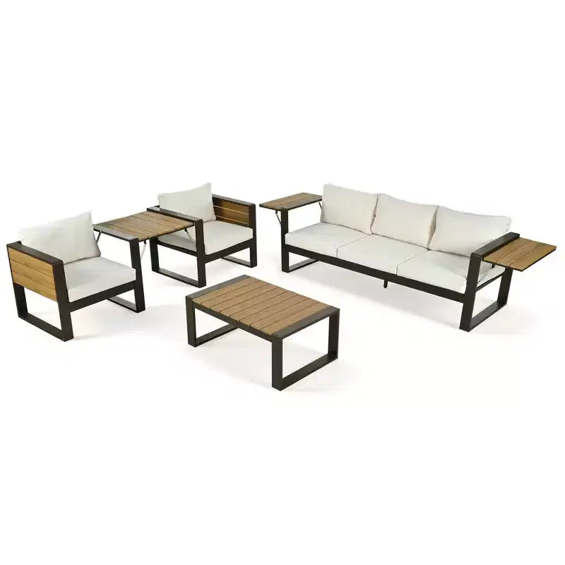 Polibi 4-Piece Outdoor Patio Set with Coffee Table & Fold-Out Side Tables