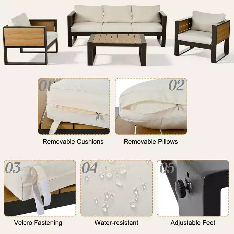 Polibi 4-Piece Outdoor Patio Set with Coffee Table & Fold-Out Side Tables
