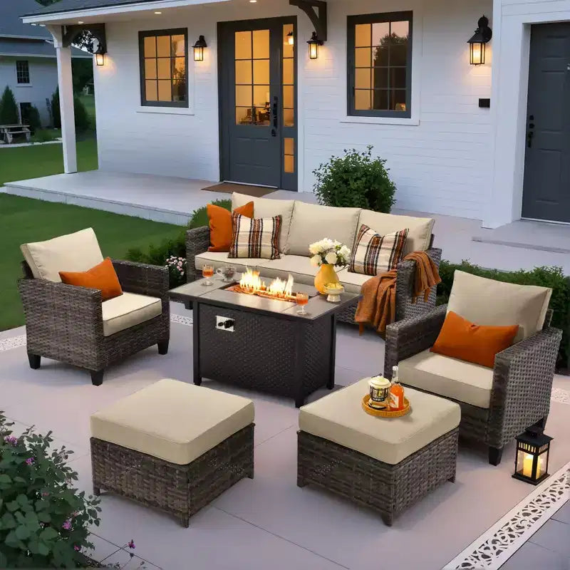 HOMLUX 6-Piece Patio Set w/ 42 Steel Fire Pit, 3-Seater Sofa, Single Chairs & Ottomans