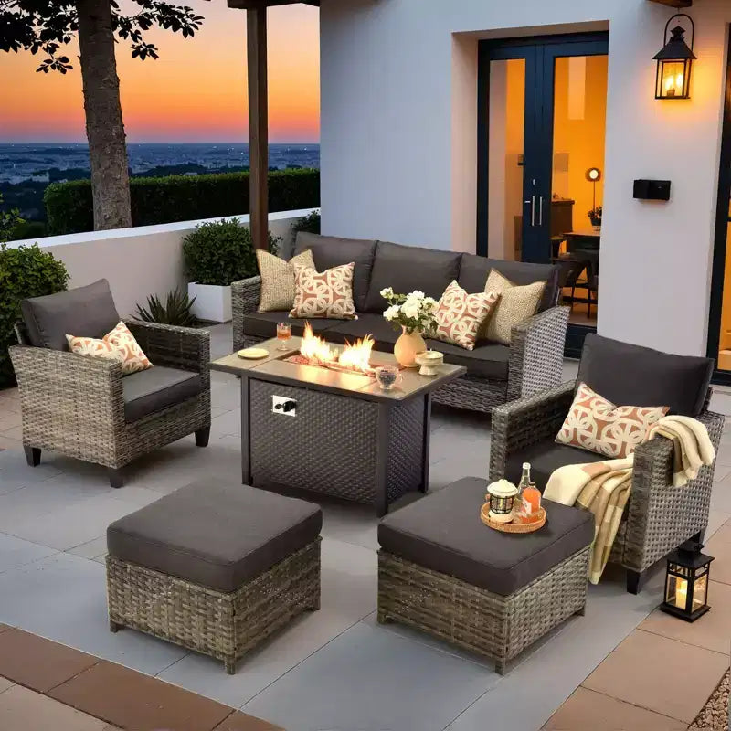 HOMLUX 6-Piece Patio Set w/ 42 Steel Fire Pit, 3-Seater Sofa, Single Chairs & Ottomans