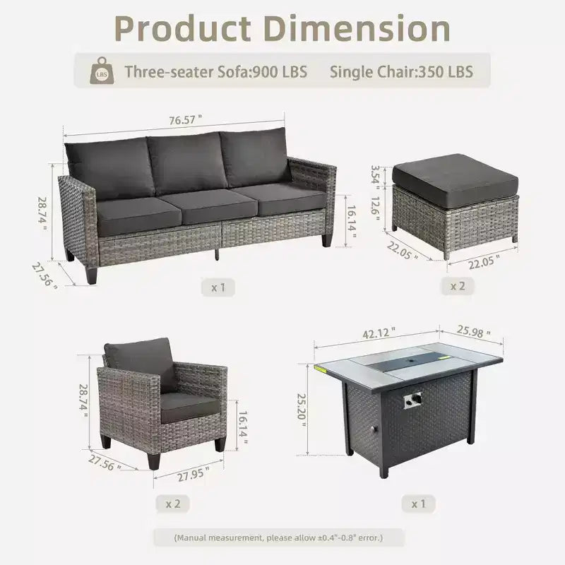 HOMLUX 6-Piece Patio Set w/ 42 Steel Fire Pit, 3-Seater Sofa, Single Chairs & Ottomans