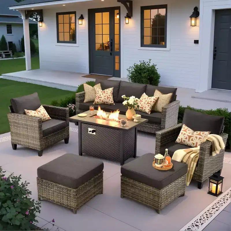 HOMLUX 6-Piece Patio Set w/ 42 Steel Fire Pit, 3-Seater Sofa, Single Chairs & Ottomans
