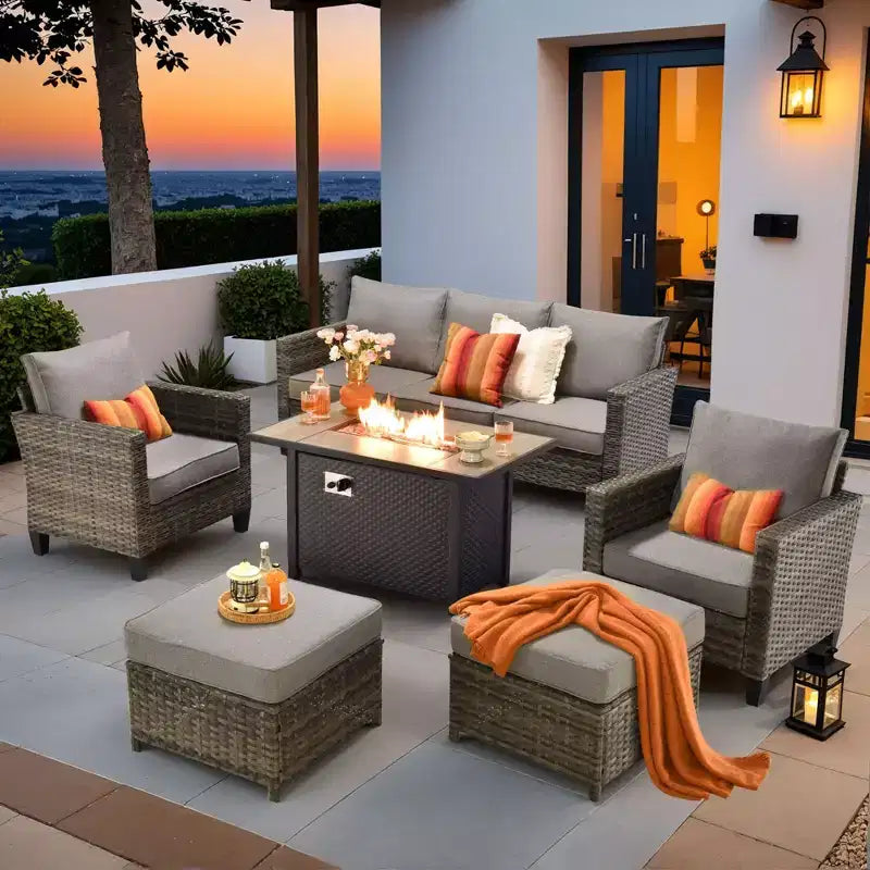 HOMLUX 6-Piece Patio Set w/ 42 Steel Fire Pit, 3-Seater Sofa, Single Chairs & Ottomans