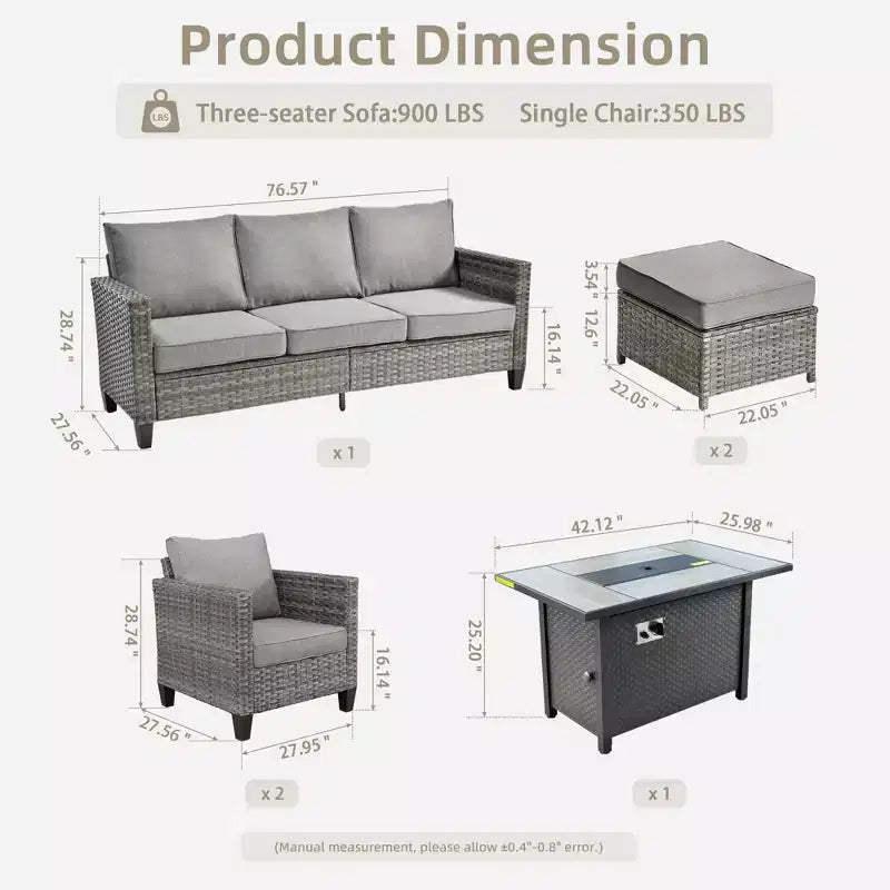 HOMLUX 6-Piece Patio Set w/ 42 Steel Fire Pit, 3-Seater Sofa, Single Chairs & Ottomans