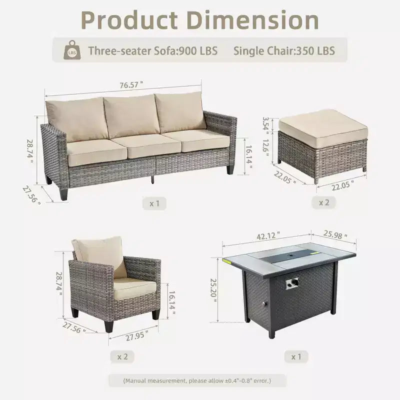 HOMLUX 6-Piece Patio Set w/ 42 Steel Fire Pit, 3-Seater Sofa, Single Chairs & Ottomans