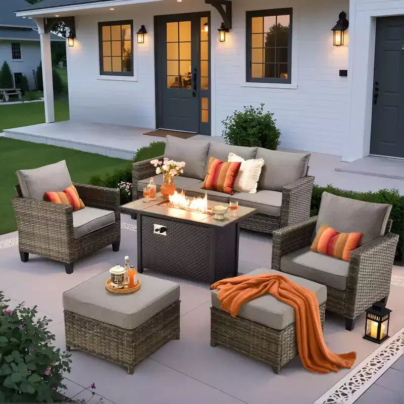 HOMLUX 6-Piece Patio Set w/ 42 Steel Fire Pit, 3-Seater Sofa, Single Chairs & Ottomans
