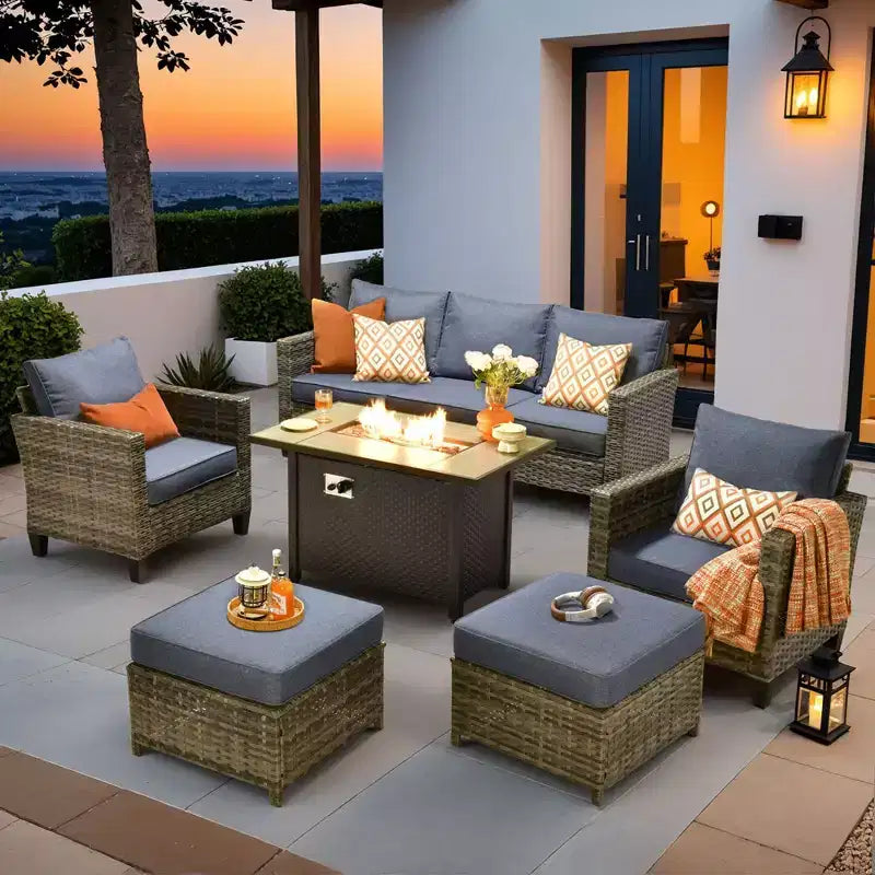 HOMLUX 6-Piece Patio Set w/ 42 Steel Fire Pit, 3-Seater Sofa, Single Chairs & Ottomans