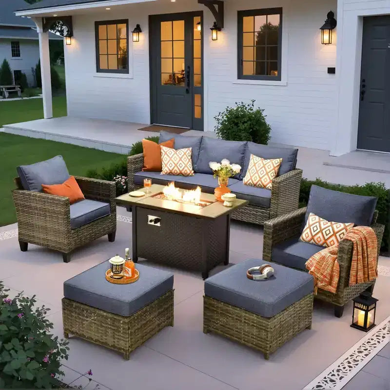 HOMLUX 6-Piece Patio Set w/ 42 Steel Fire Pit, 3-Seater Sofa, Single Chairs & Ottomans