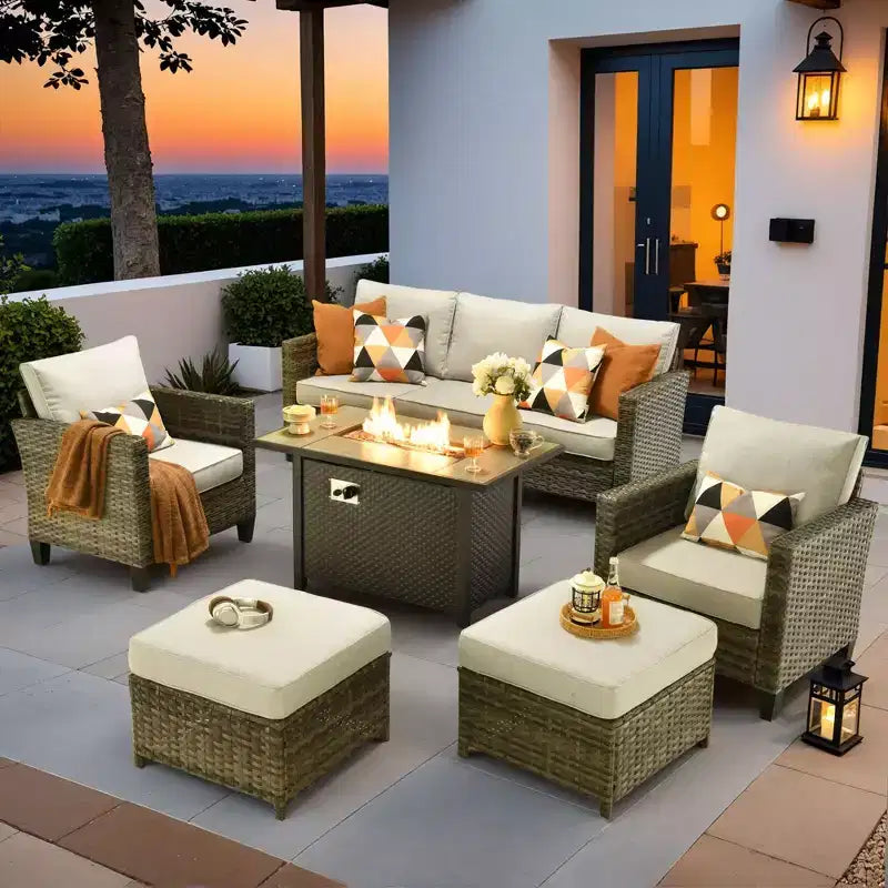 HOMLUX 6-Piece Patio Set w/ 42 Steel Fire Pit, 3-Seater Sofa, Single Chairs & Ottomans