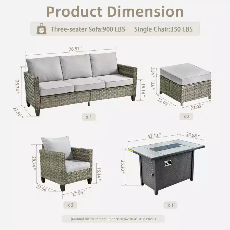 HOMLUX 6-Piece Patio Set w/ 42 Steel Fire Pit, 3-Seater Sofa, Single Chairs & Ottomans
