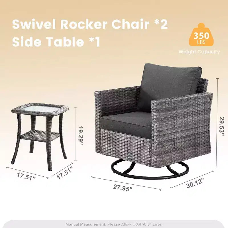 HOMLUX 3-Piece Patio Set: Swivel Rocking Chairs & Side Table in All-Weather Wicker