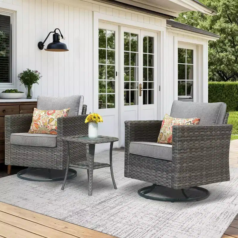 HOMLUX 3-Piece Patio Set: Swivel Rocking Chairs & Side Table in All-Weather Wicker