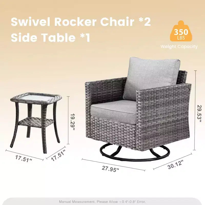HOMLUX 3-Piece Patio Set: Swivel Rocking Chairs & Side Table in All-Weather Wicker