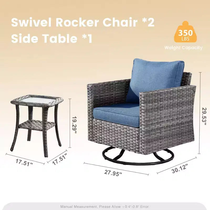HOMLUX 3-Piece Patio Set: Swivel Rocking Chairs & Side Table in All-Weather Wicker